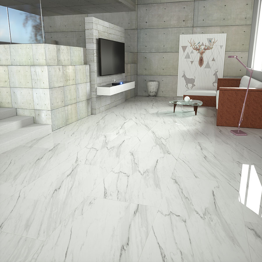 white glazed polished porcleain tile glazed tile 600x1200mm polished finsihed white marble carrara glossy installed project real photo living room