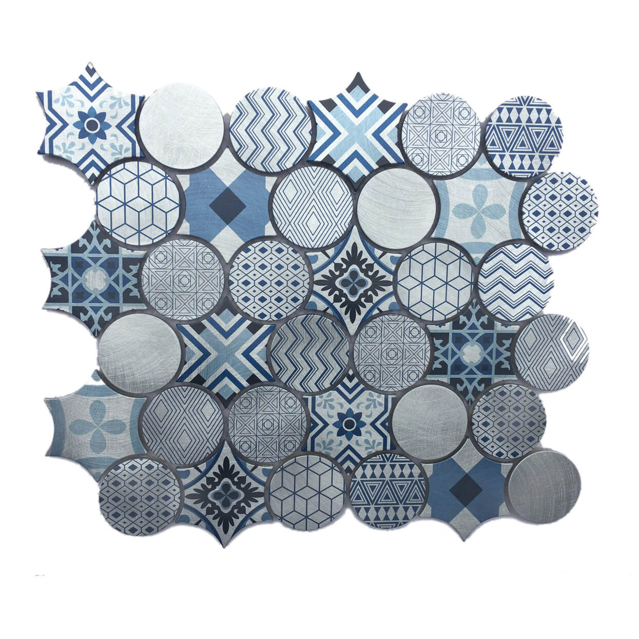 Architessa showcase blue backsplash mosaic kitchen with large format floor