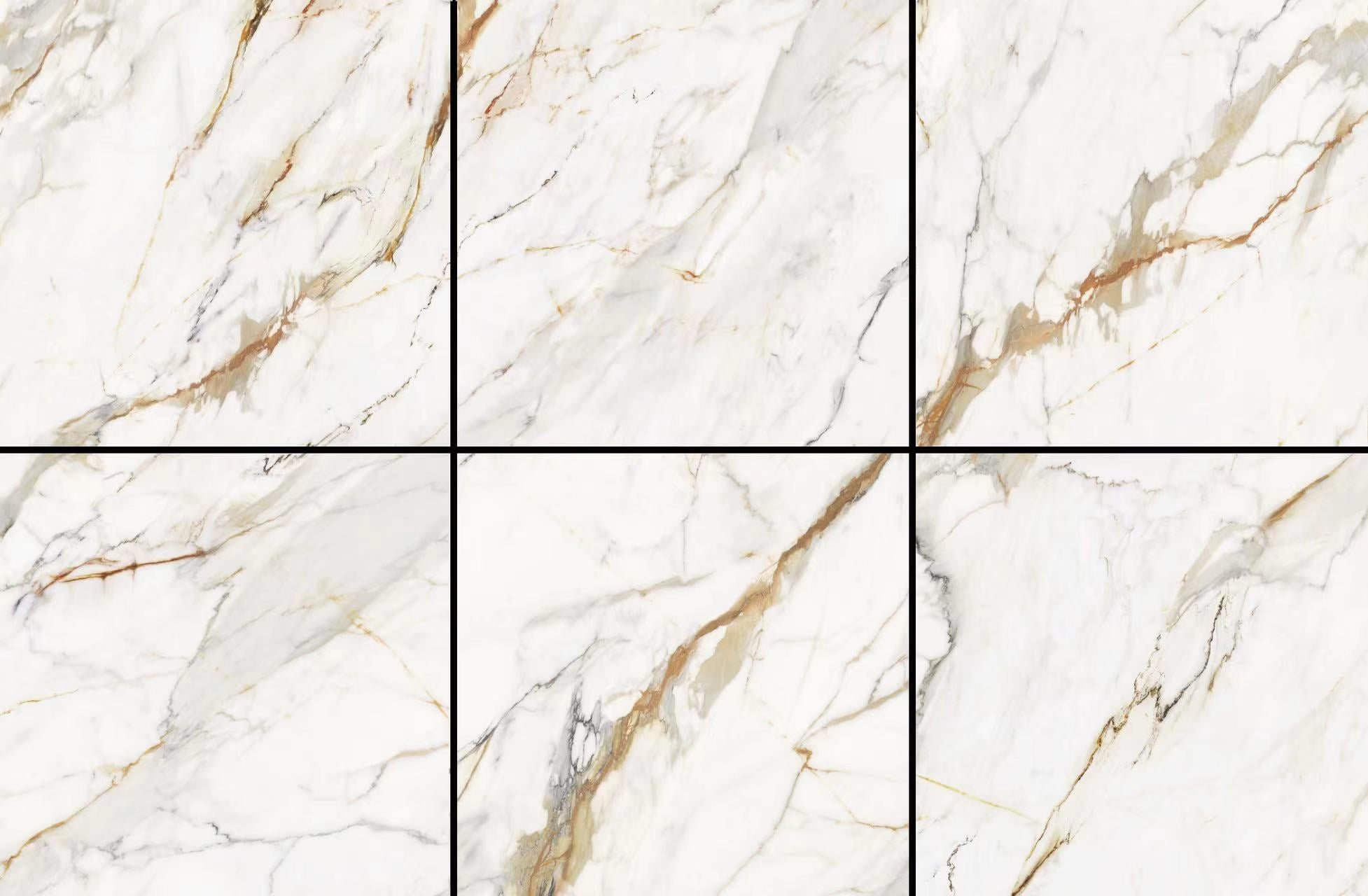 white glazed polished porcelain tile 600x600mm golden carrara design polished finished glossy full view production photo