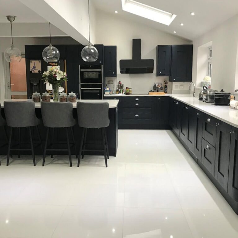 Crystal White Quartz stone Crystallized Stone large format fullbody polished carrara design real installed project photo kitchen island countertop market Australia America super white polished porcelain tile double loading size 600x600mm polished surface installed project effect real photo kicthen floor