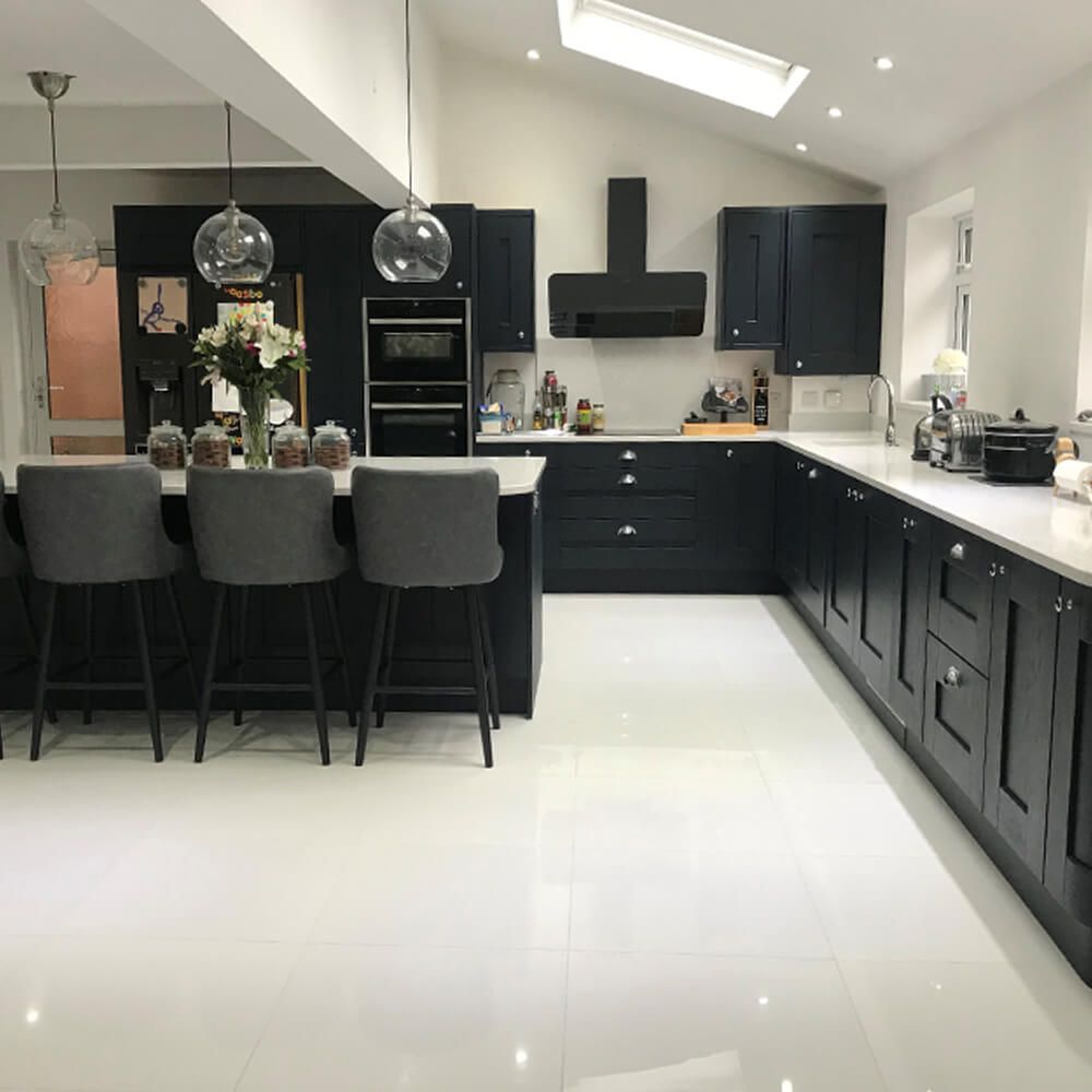 Crystal White Quartz stone Crystallized Stone large format fullbody polished carrara design real installed project photo kitchen island countertop market Australia America super white polished porcelain tile double loading size 600x600mm polished surface installed project effect real photo kicthen floor