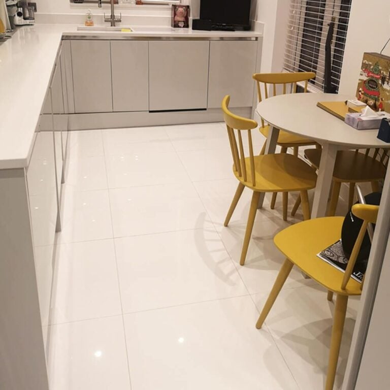 Crystal White Quartz stone Crystallized Stone large format fullbody polished carrara design real installed project photo kitchen island countertop market Australia America super white polished porcelain tile double loading size 600x600mm polished surface installed project effect real photo kicthen floor