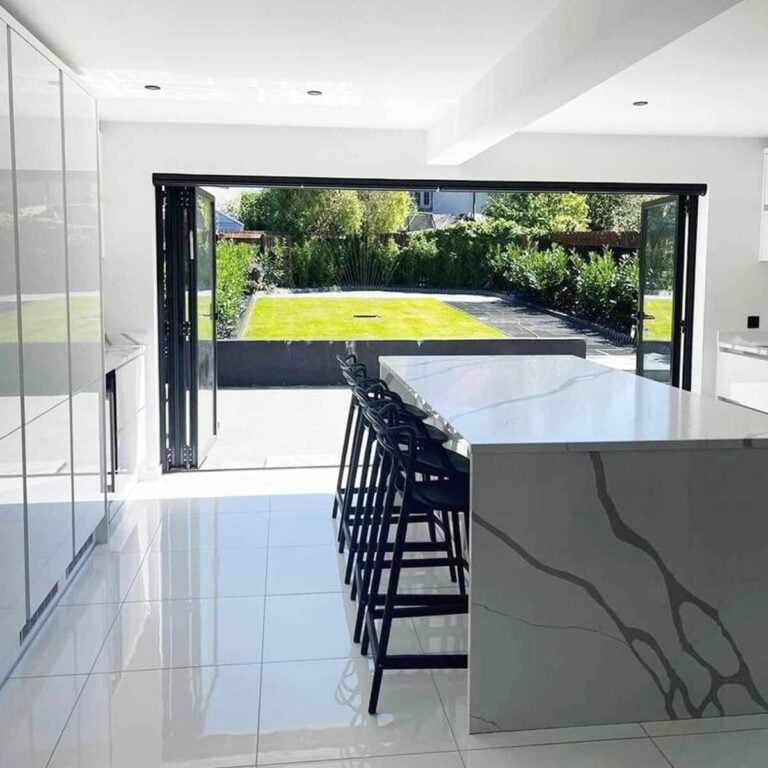Crystal White Quartz stone Crystallized Stone large format fullbody polished carrara design real installed project photo kitchen island countertop market Australia America super white polished porcelain tile double loading size 600x600mm polished surface installed project effect real photo kicthen floor