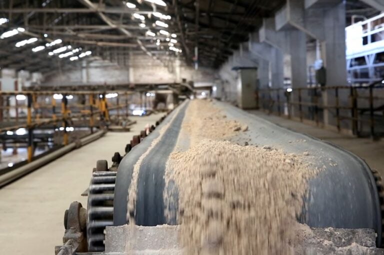 large format tile factory producing during raw material process full view real photo close up