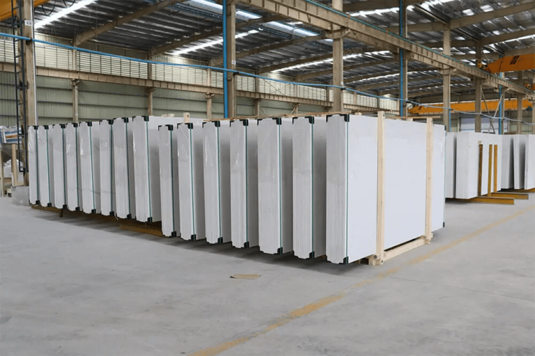 Crystal White Quartz stone Crystallized Stone large format fullbody polished real photo of inside factory in aerial view