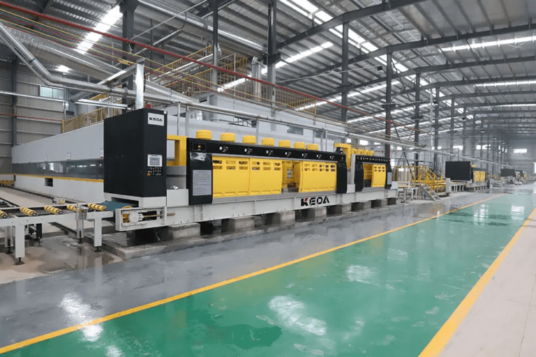 Crystal White Quartz stone Crystallized Stone large format fullbody polished real photo of impressive production line full view show powerful and advance technology equitments