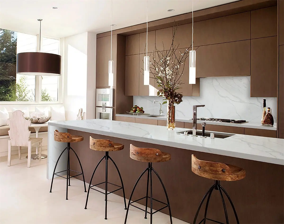 Crystal White Quartz stone Crystallized Stone large format fullbody polished carrara design real installed project photo kitchen island countertop market Australia America