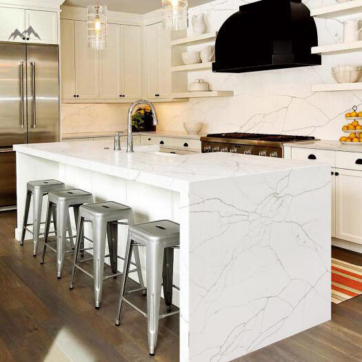 Crystal White Quartz stone Crystallized Stone large format fullbody polished full view installed project real photo kicthen island