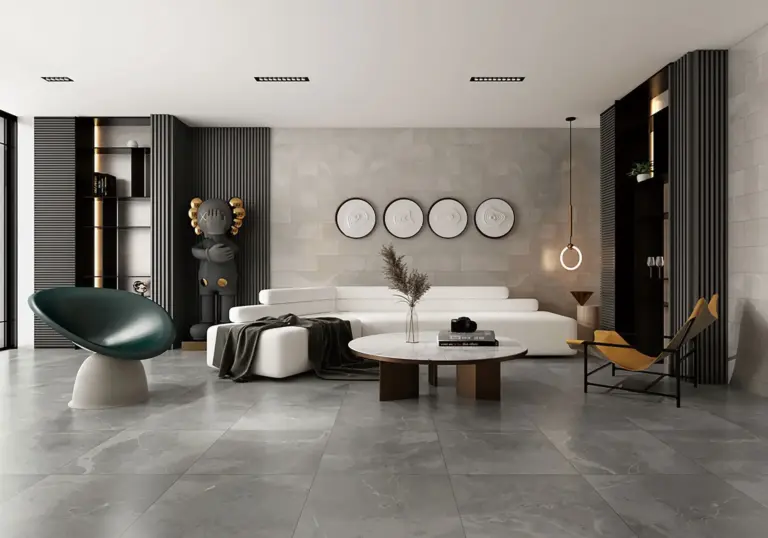 Modern luxury living room with large format porcelain tile flooring — Contigo Ceramics factory direct