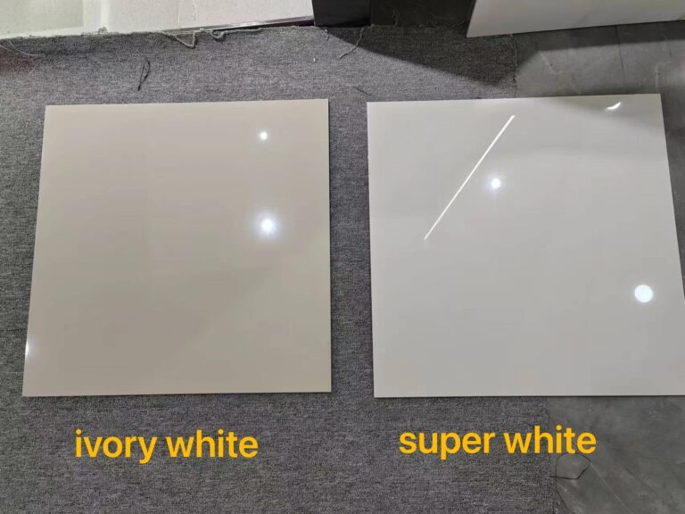 ivory white and super white comparison polished porcelain tile real product photo close up