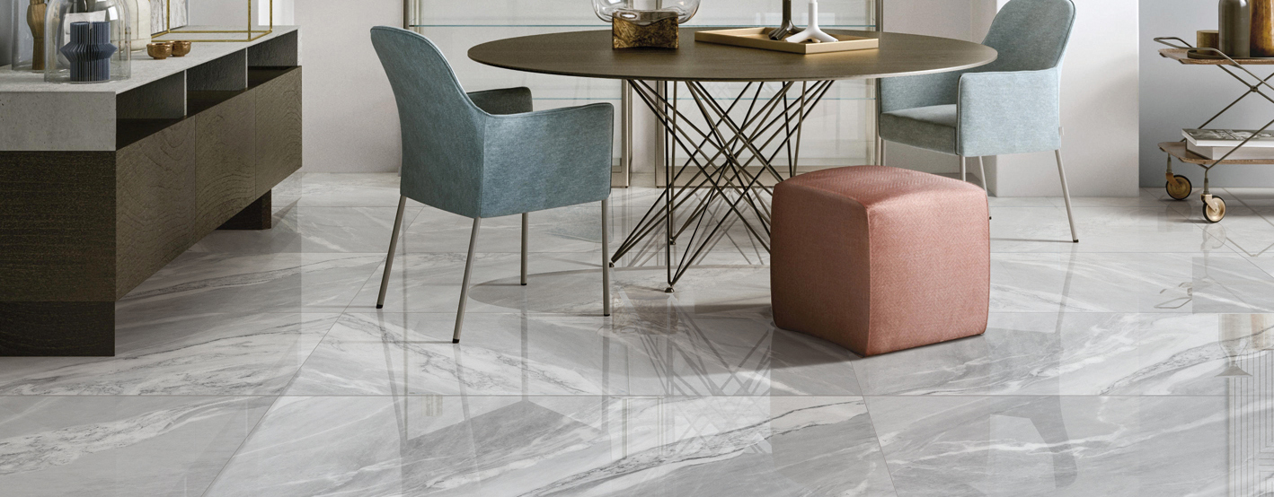 marble look polished porcelain tile light grey glossy surface living room interior design scene effect photo