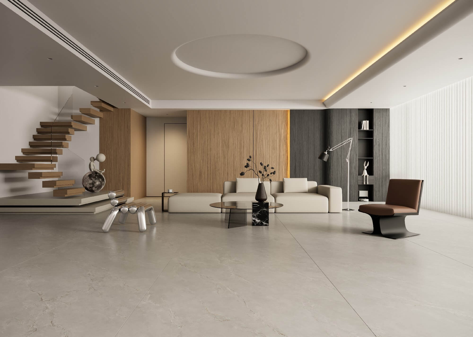 Large format porcelain tile in light grey, 1200x2400mm, installed in a modern commercial lobby