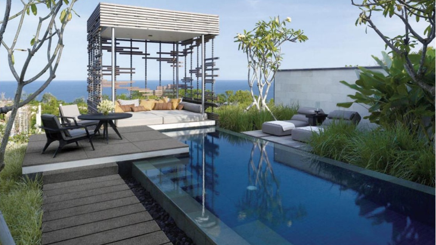 Poolside terrace paved with 20mm outdoor porcelain pavers