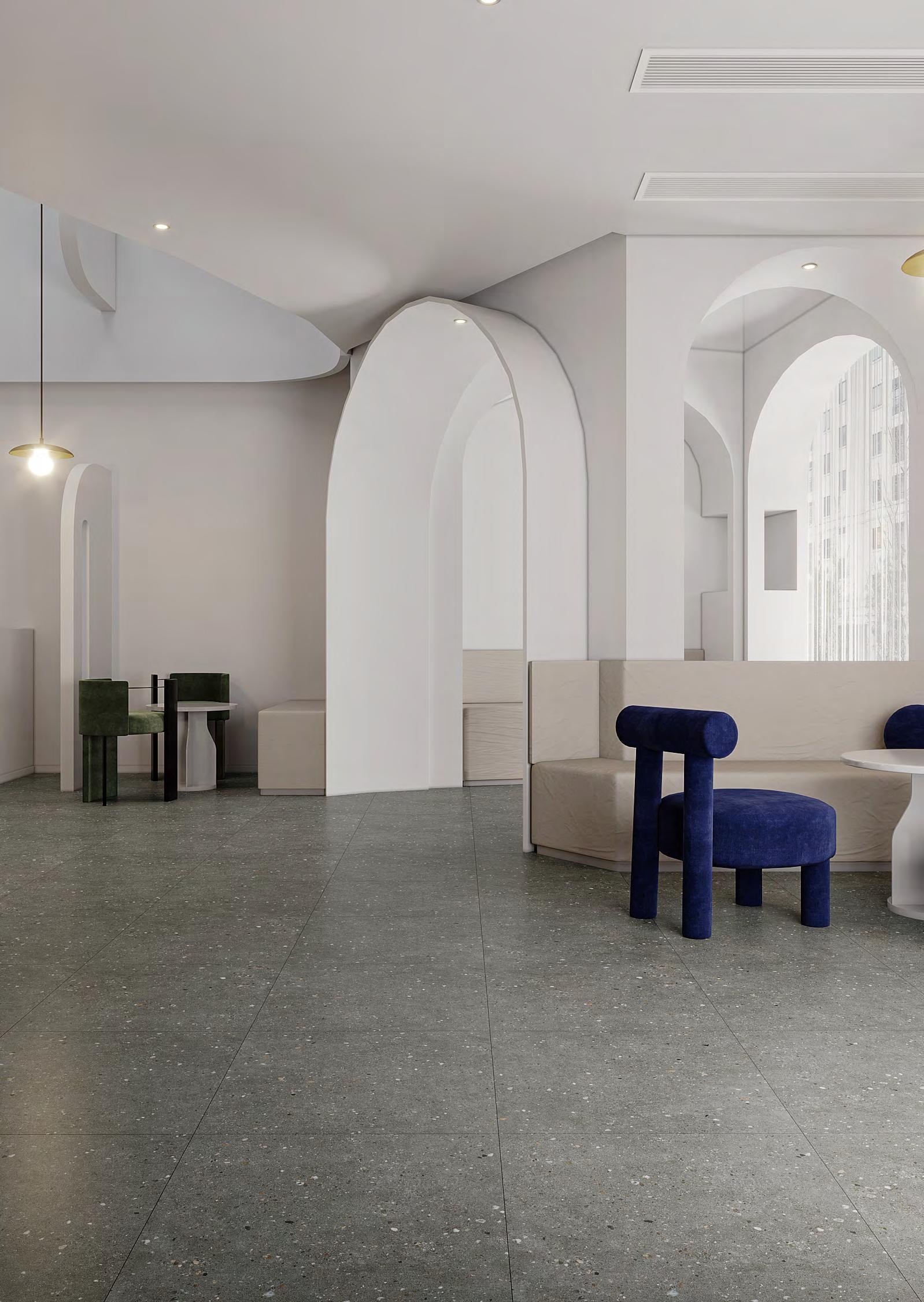 Paris Terrazzo 场景应用 - 1200x1200mm哑光深灰色水磨石瓷砖艺术感公共空间, 灰色基底带白色浅灰颗粒点缀, 哑光面沉稳自然无眩光, 拱门弧形元素现代简约北欧风格, Contigo Ceramics佛山工厂