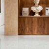 Crystal Granule white grey beige crystal granule terrazzo look glazed polished porcelain tile installed floor effect photo interior project photo glossy surface