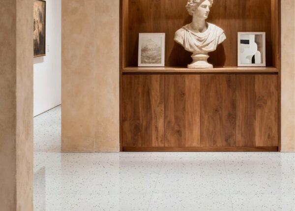 Crystal Granule white grey beige crystal granule terrazzo look glazed polished porcelain tile installed floor effect photo interior project photo glossy surface