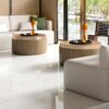 SP66AA01T Splash Terrazzo installed floor effect photo SP66AA01T white grey gold beige bold terrazzo look glazed polished porcelain tile installed floor effect photo commercial interior project photo glossy white floor