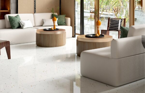 SP66AA01T Splash Terrazzo installed floor effect photo SP66AA01T white grey gold beige bold terrazzo look glazed polished porcelain tile installed floor effect photo commercial interior project photo glossy white floor