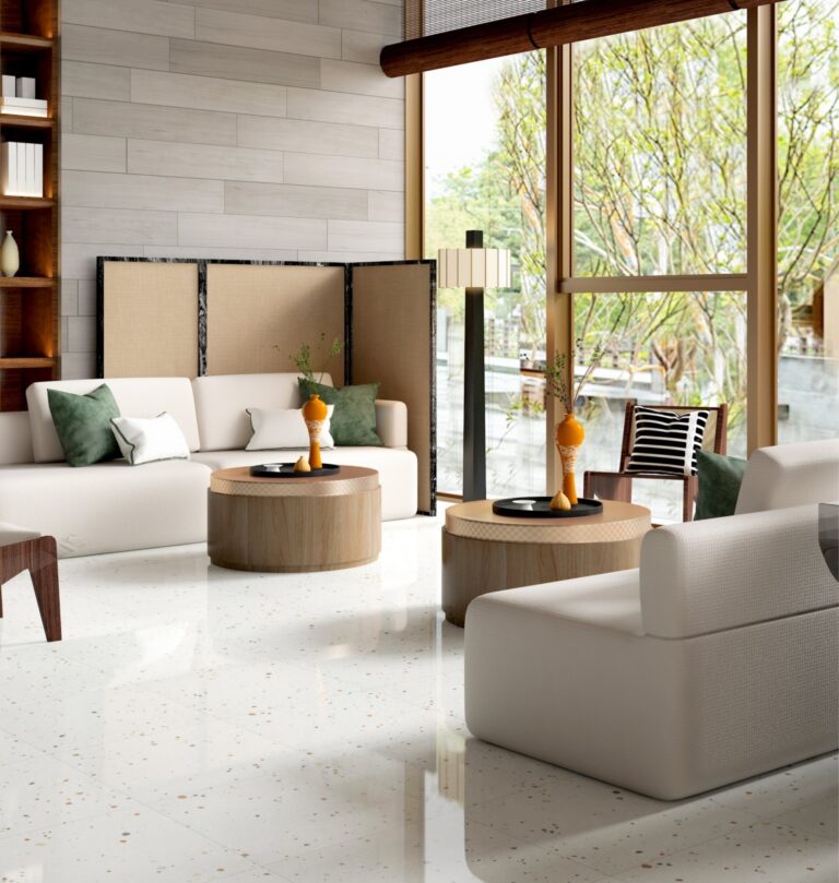 SP66AA01T white grey gold beige large grain splash terrazzo real stone particle effect double loading polished porcelain tile installed floor effect photo showroom commercial interior project photo glossy surface real stone particles