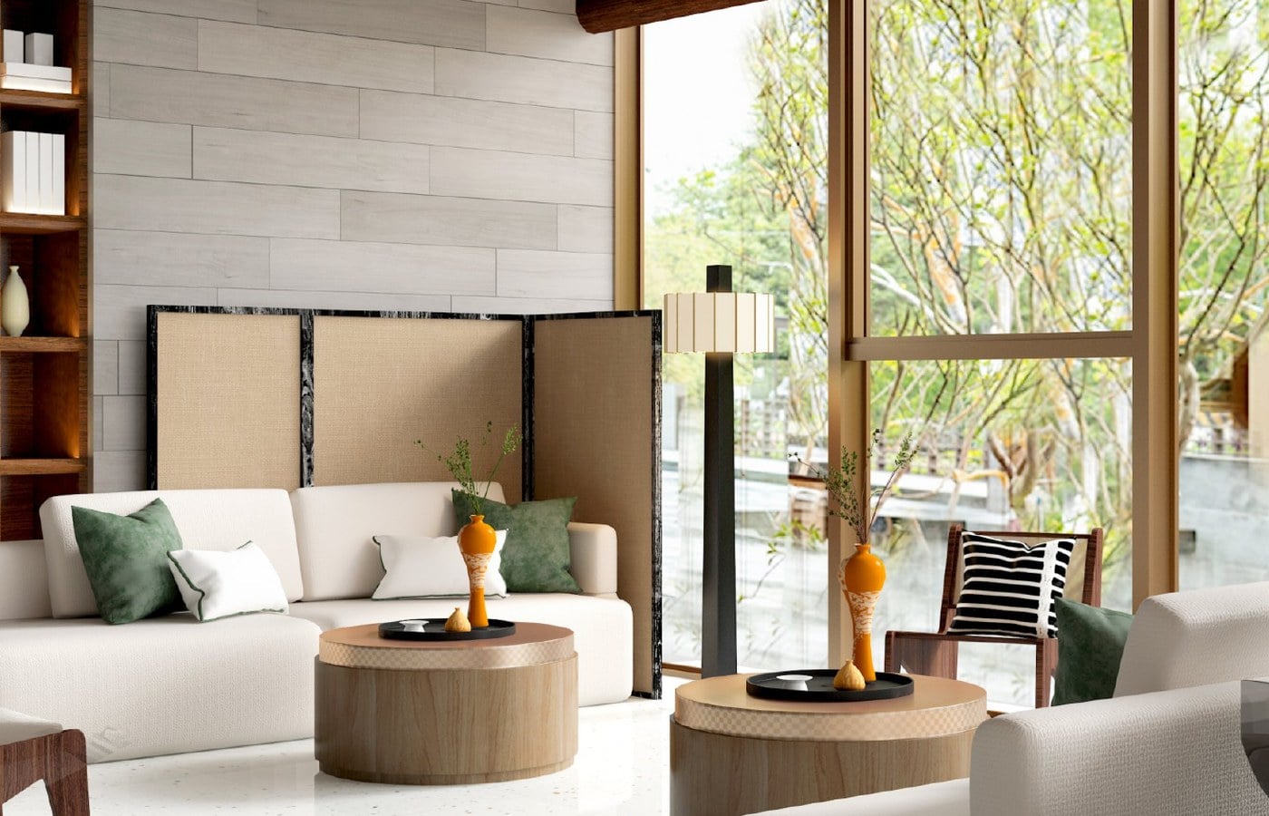 Sample palette of matte stone-look porcelain bathroom wall tile in white and beige