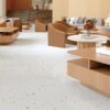 SP66AA02T white beige gold cream bold terrazzo look glazed polished porcelain tile installed floor effect photo commercial interior project photo glossy white floor