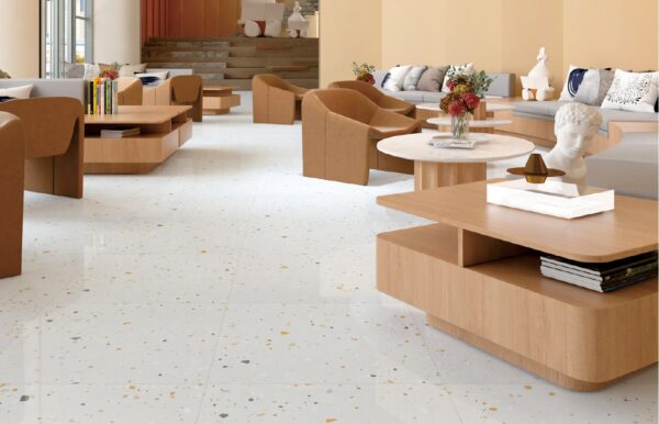 SP66AA02T white beige gold cream bold terrazzo look glazed polished porcelain tile installed floor effect photo commercial interior project photo glossy white floor