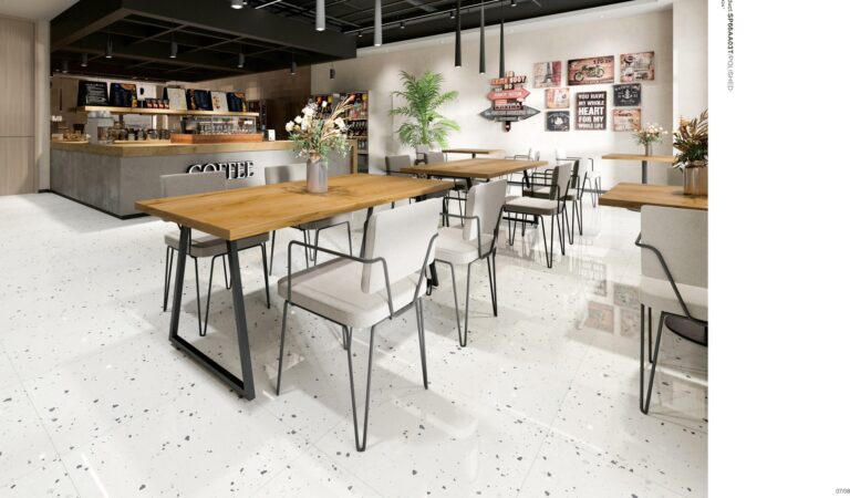 SP66AA03T white grey black silver large grain splash terrazzo real stone particle effect double loading polished porcelain tile installed floor effect photo showroom commercial interior project photo glossy surface real stone particles