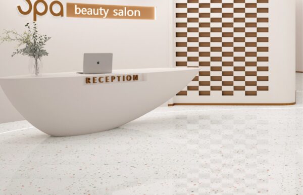 SP66AA05T Splash Terrazzo installed floor effect photo SP66AA05T white red green grey bold terrazzo look glazed polished porcelain tile installed floor effect photo commercial interior project photo glossy white floor