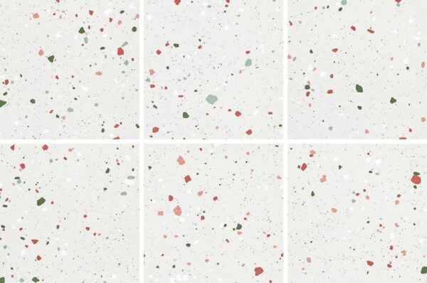 SP66AA05T Splash Terrazzo complete random design faces SP66AA05T white red green grey bold terrazzo look glazed polished porcelain tile complete 6 random design faces product photo 600x600mm glossy surface