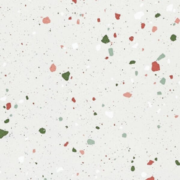 SP66AA05T Splash Terrazzo face 1 polished porcelain tile SP66AA05T white red green grey bold terrazzo look glazed polished porcelain tile glossy speckled surface close up product photo 600x600mm random design face 1
