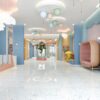 SP66AA06T Splash Terrazzo installed floor effect photo SP66AA06T white blue green grey bold terrazzo look glazed polished porcelain tile installed floor effect photo commercial interior project photo glossy white floor