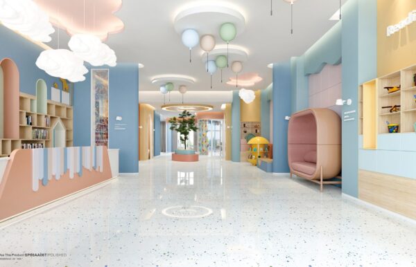 SP66AA06T Splash Terrazzo installed floor effect photo SP66AA06T white blue green grey bold terrazzo look glazed polished porcelain tile installed floor effect photo commercial interior project photo glossy white floor