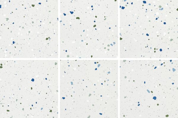SP66AA06T Splash Terrazzo complete random design faces SP66AA06T white blue green grey bold terrazzo look glazed polished porcelain tile complete 6 random design faces product photo 600x600mm glossy surface