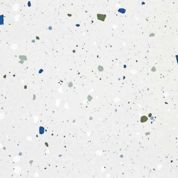 SP66AA06T Splash Terrazzo face 1 polished porcelain tile SP66AA06T white blue green grey bold terrazzo look glazed polished porcelain tile glossy speckled surface close up product photo 600x600mm random design face 1