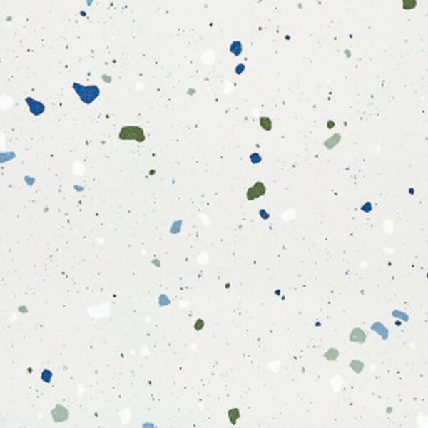 SP66AA06T Splash Terrazzo face 2 polished porcelain tile SP66AA06T white blue green grey bold terrazzo look glazed polished porcelain tile glossy speckled surface close up product photo 600x600mm random design face 2