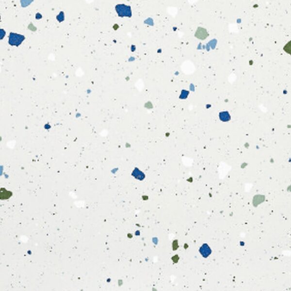 SP66AA06T Splash Terrazzo face 3 polished porcelain tile SP66AA06T white blue green grey bold terrazzo look glazed polished porcelain tile glossy speckled surface close up product photo 600x600mm random design face 3