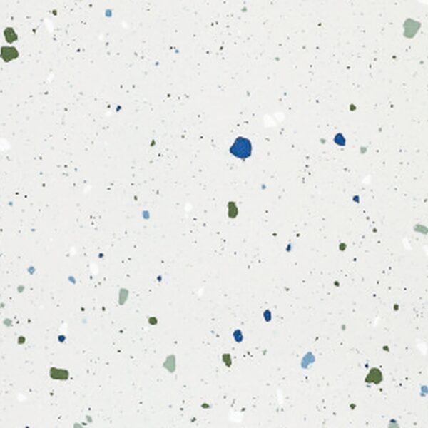 SP66AA06T Splash Terrazzo face 4 polished porcelain tile SP66AA06T white blue green grey bold terrazzo look glazed polished porcelain tile glossy speckled surface close up product photo 600x600mm random design face 4