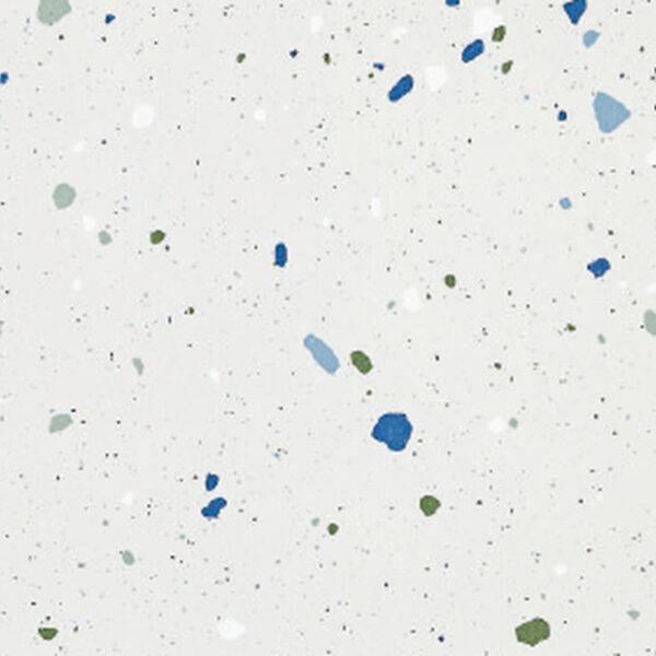 SP66AA06T Splash Terrazzo face 6 polished porcelain tile SP66AA06T white blue green grey bold terrazzo look glazed polished porcelain tile glossy speckled surface close up product photo 600x600mm random design face 6