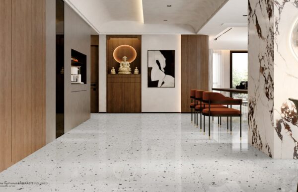 SP66AA07T white black grey charcoal bold terrazzo look glazed polished porcelain tile installed floor effect photo commercial interior project photo glossy white floor