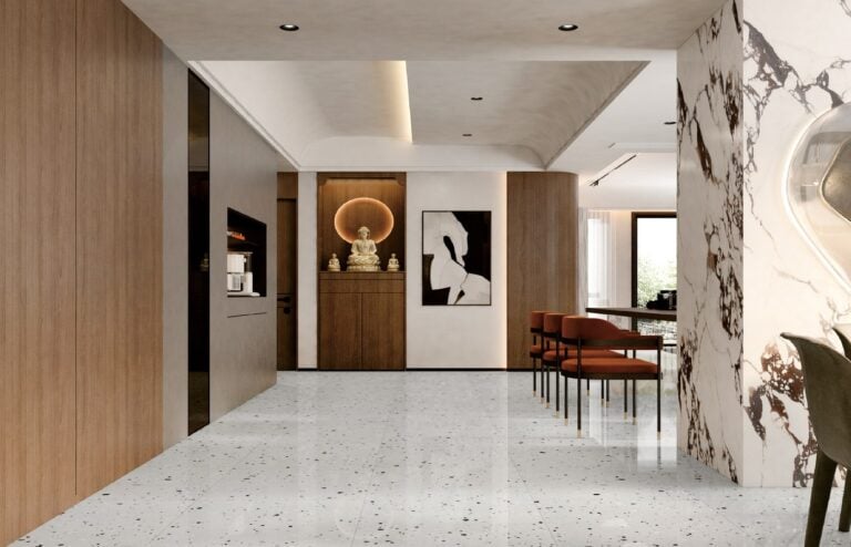 SP66AA07T white black grey charcoal large grain splash terrazzo real stone particle effect double loading polished porcelain tile installed floor effect photo showroom commercial interior project photo glossy surface real stone particles