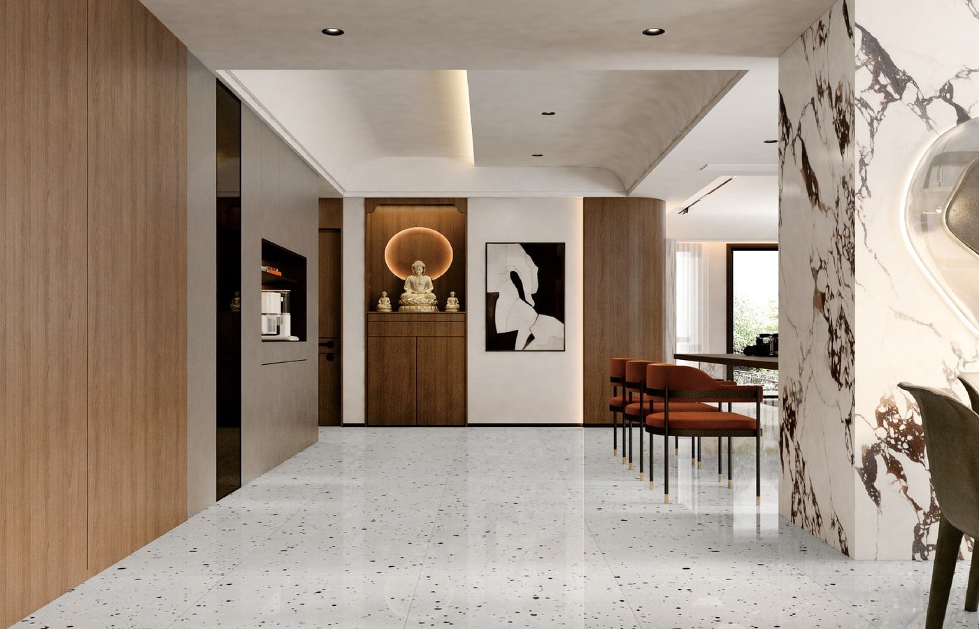 SP66AA07T white black grey charcoal large grain splash terrazzo real stone particle effect double loading polished porcelain tile installed floor effect photo showroom commercial interior project photo glossy surface real stone particles