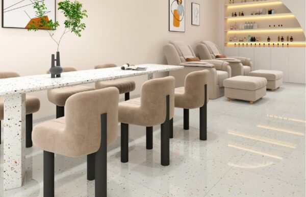SP66AB02T Crystal Granule installed floor effect photo SP66AB02T white grey gold cream crystal granule terrazzo look glazed polished porcelain tile installed floor effect photo commercial interior project photo glossy white floor
