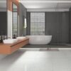 SP66AB04T Crystal Granule installed floor effect photo SP66AB04T white blue gold grey crystal granule terrazzo look glazed polished porcelain tile installed floor effect photo commercial interior project photo glossy white floor