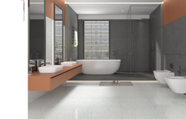 SP66AB04T Crystal Granule installed floor effect photo SP66AB04T white blue gold grey crystal granule terrazzo look glazed polished porcelain tile installed floor effect photo commercial interior project photo glossy white floor