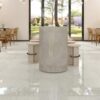 SP66AB05T Crystal Granule installed floor effect photo SP66AB05T white red green grey crystal granule terrazzo look glazed polished porcelain tile installed floor effect photo commercial interior project photo glossy white floor