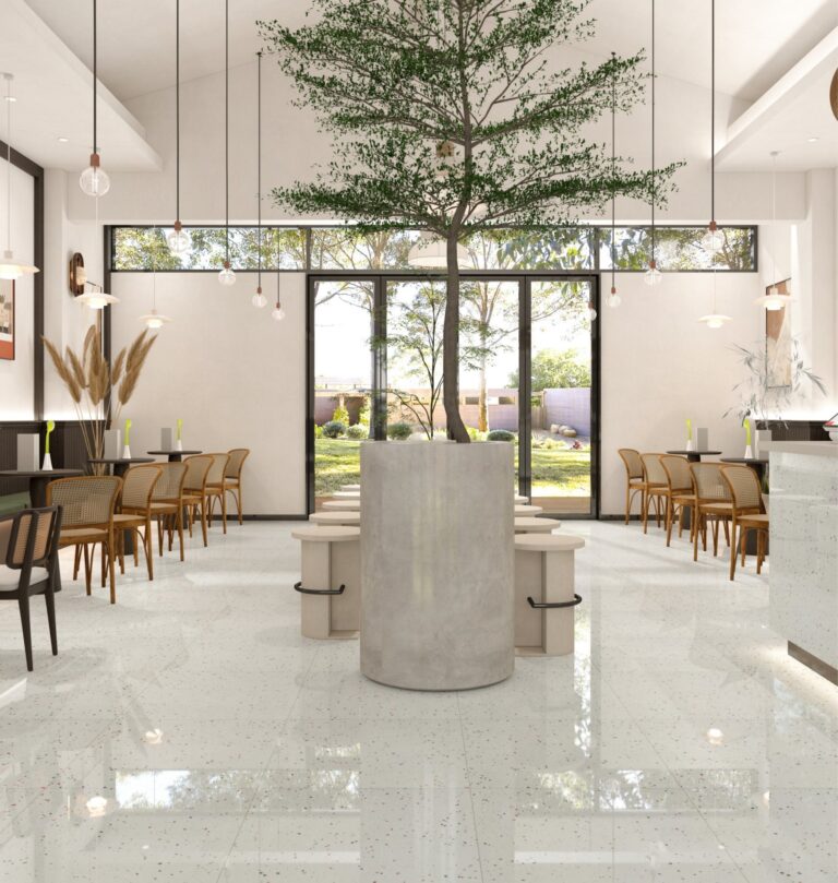 SP66AB05T white red green grey medium grain crystal granule terrazzo real stone particle effect double loading polished porcelain tile installed floor effect photo showroom commercial interior project photo glossy surface real stone particles