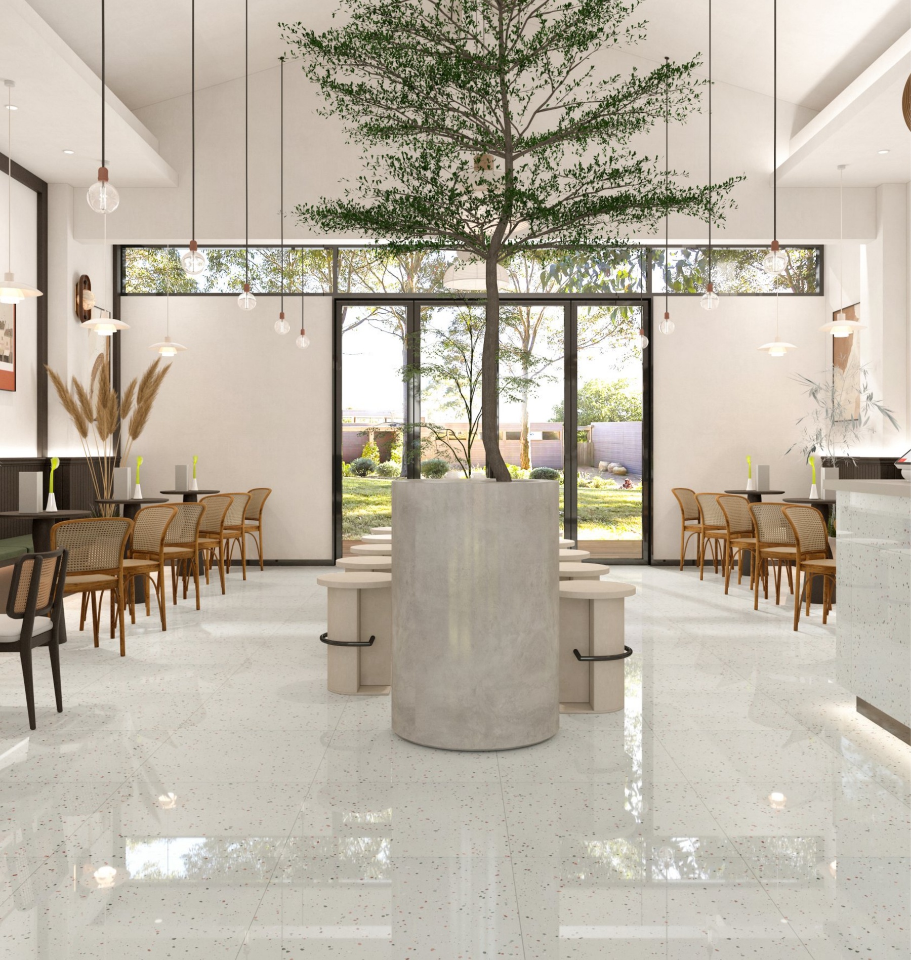 SP66AB05T white red green grey medium grain crystal granule terrazzo real stone particle effect double loading polished porcelain tile installed floor effect photo showroom commercial interior project photo glossy surface real stone particles