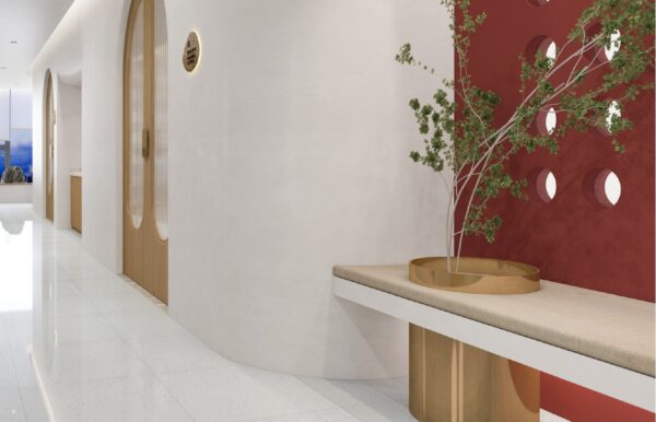 SP66AC06T white gold grey cream fine speckled terrazzo look glazed polished porcelain tile installed floor effect photo commercial interior project photo glossy white floor