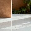 Splash Terrazzo white grey beige bold terrazzo look glazed polished porcelain tile installed floor effect photo interior project photo glossy surface