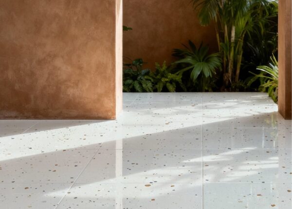 Splash Terrazzo white grey beige bold terrazzo look glazed polished porcelain tile installed floor effect photo interior project photo glossy surface